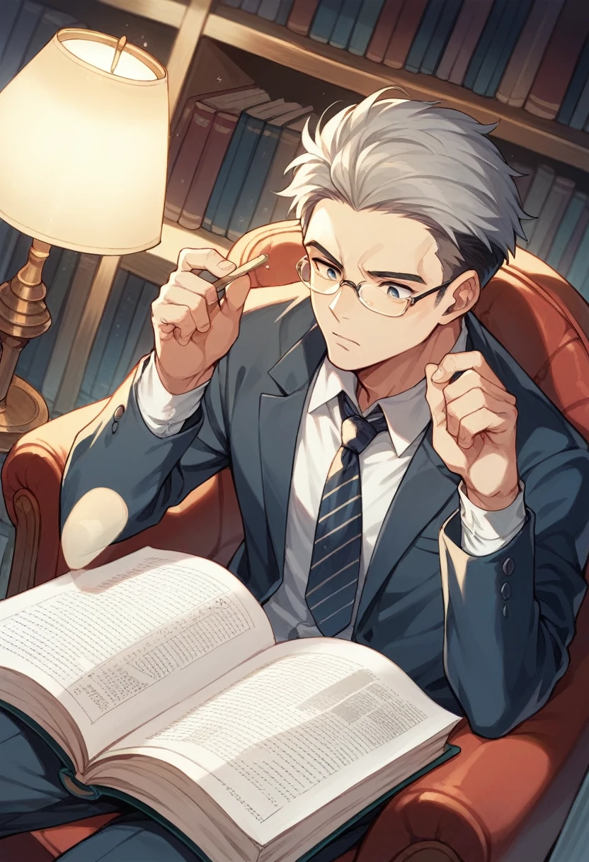 Picture of a gray-haired middle-aged man in a suit and glasses reading a book in a library with dim lights and lamps on with books in the background and a book in his hands sitting in an armchair. Angle of a document photo