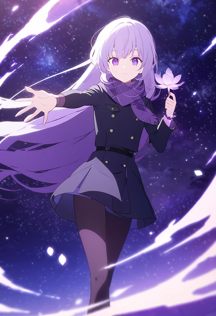 Extra long purple hair，Purple Eyes，The figure is very perfect，The body proportions are also very normal，Adult female aged 23，Wearing black and purple tights，A purple scarf on the wrist，And holding a purple fire lotus in his left hand，First person open hands action，The background is purple, the universe and the starry sky