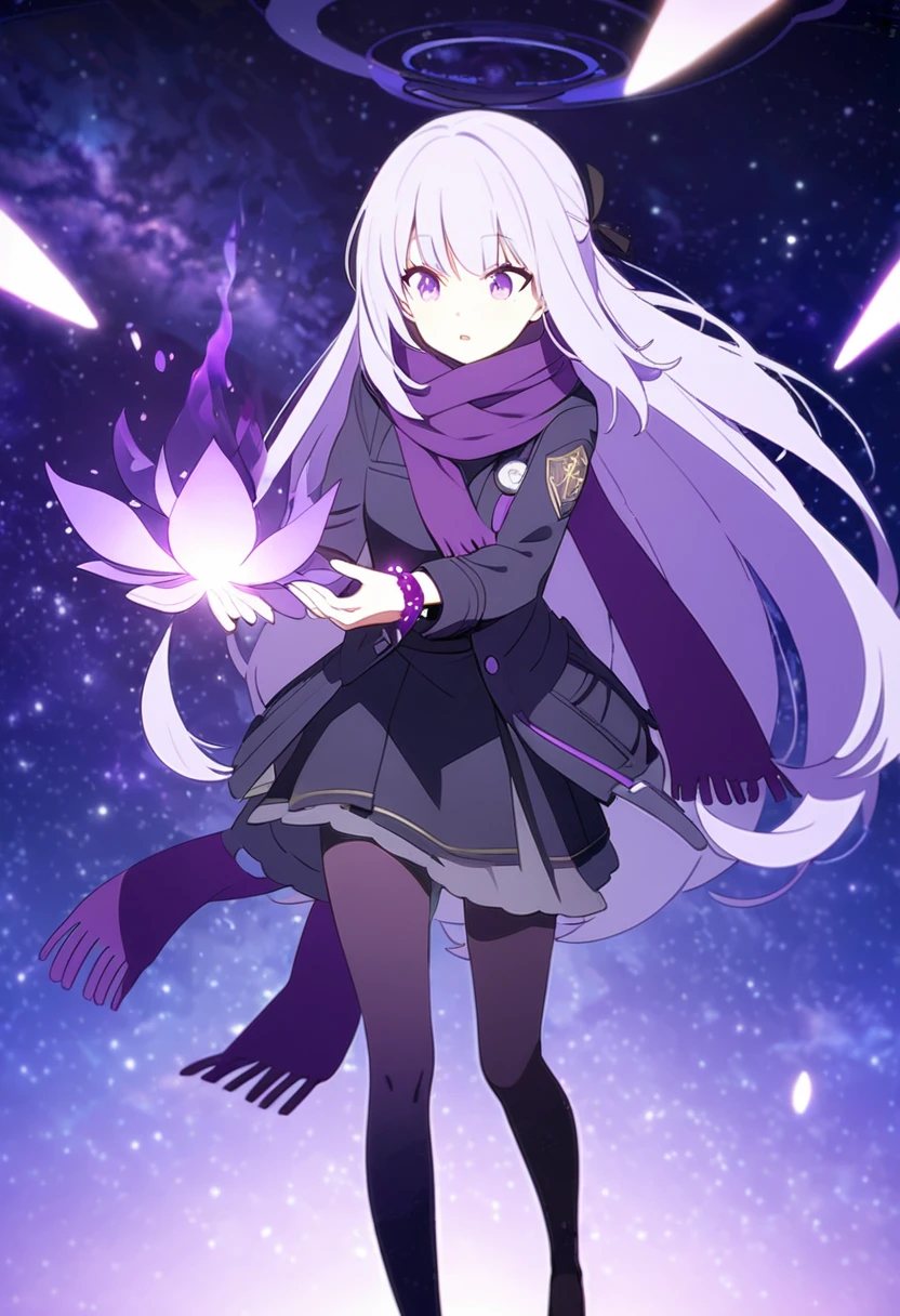 Extra long purple hair,Purple Eyes,The figure is very perfect,The body proportions are also very normal,Adult female aged 23,Wearing black and purple tights,A purple scarf on the wrist,And holding a purple fire lotus in his left hand,First person open hands action,The background is purple, the universe and the starry sky