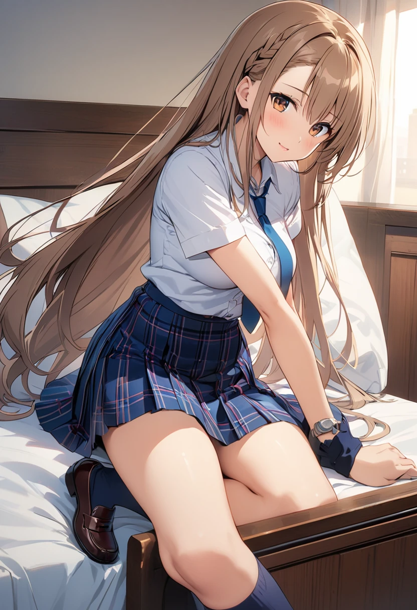 Highest quality、Super detailed、High resolution illustrations、Ultra-high-definition CG、8k size wallpaper、Production Art、Light novel illustrations、asuna yuuki, long hair, bangs, brown hair, brown eyes, very long hair, braid, Collared shirt、Navy blue tie、Navy tartan check pleated skirt、Navy blue knee socks、Black Loafers、On the bed in the nurse's office、Milking、masturbation behavior、