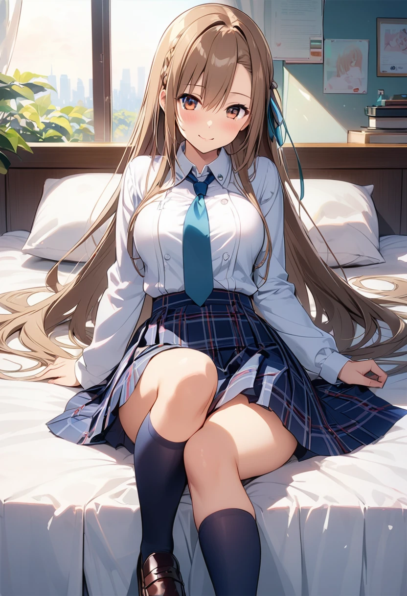 Highest quality、Super detailed、High resolution illustrations、Ultra-high-definition CG、8k size wallpaper、Production Art、Light novel illustrations、asuna yuuki, long hair, bangs, brown hair, brown eyes, very long hair, braid, Collared shirt、Navy blue tie、Navy tartan check pleated skirt、Navy blue knee socks、Black Loafers、On the bed in the nurse's office、Milking、masturbation behavior、