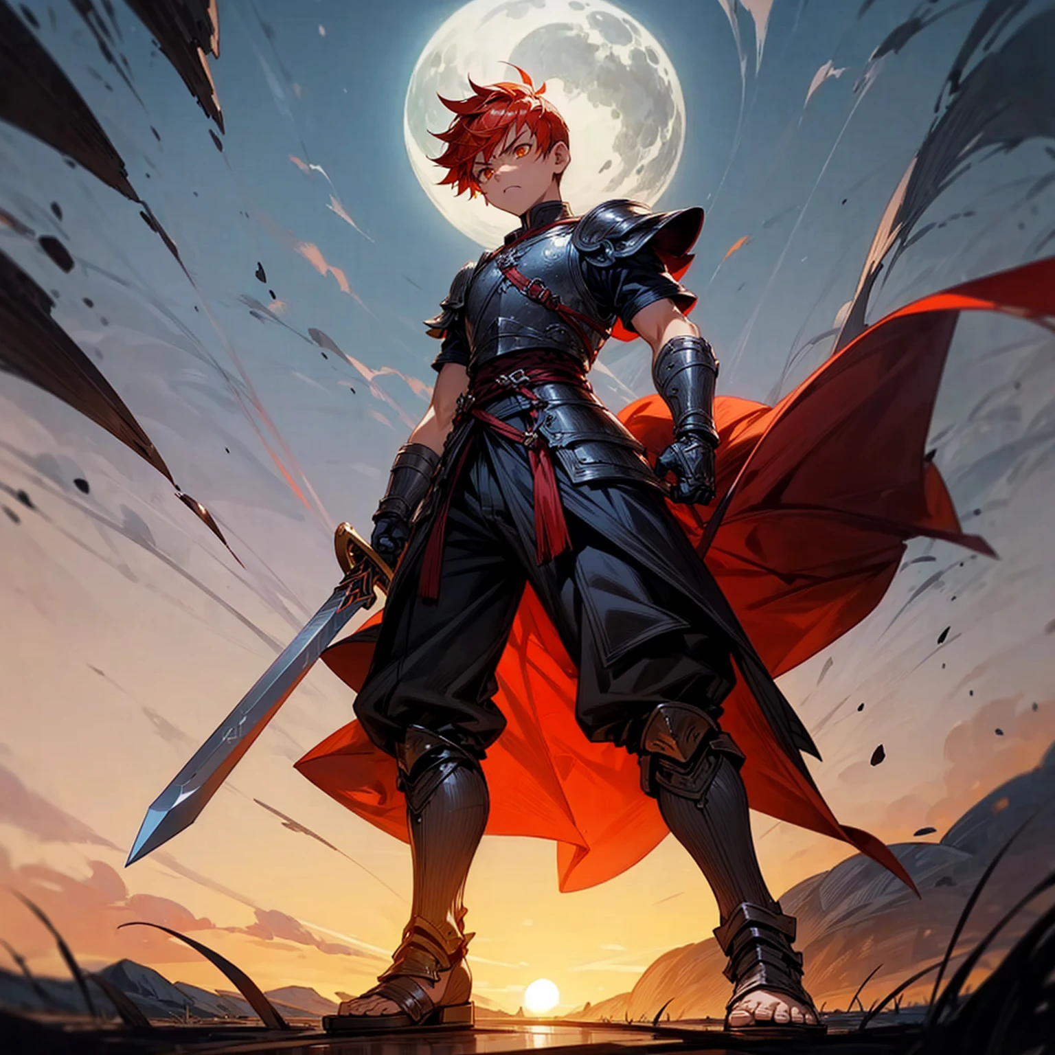 1little boy, Full body version, orange eyes, undercut hair, red colour hair, very angry expression, gladiator clothing, short sleeve shirt, gladiator skirt, big armor body, bodybelt, gladiator sandals, Spatha sword in hand, Grassroots background in war, Full background, night, moonlight behind, moonlight silhouette,