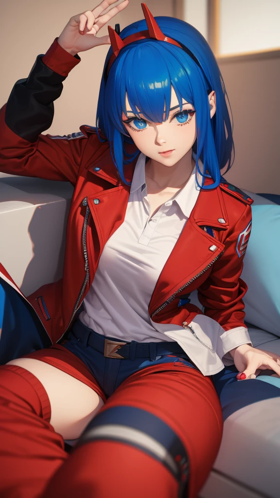 (masterpiece,best quality,absurdres,beautiful,sharp,detailed),bedroom background,1girl,hopefn,blue lips, navel, blue hair, jacket, skirt, belt, fingerless gloves, looking at viewer, smile,( 1boy, the girl sit on the pov laps, pov, the girl sit on tge boy laps,