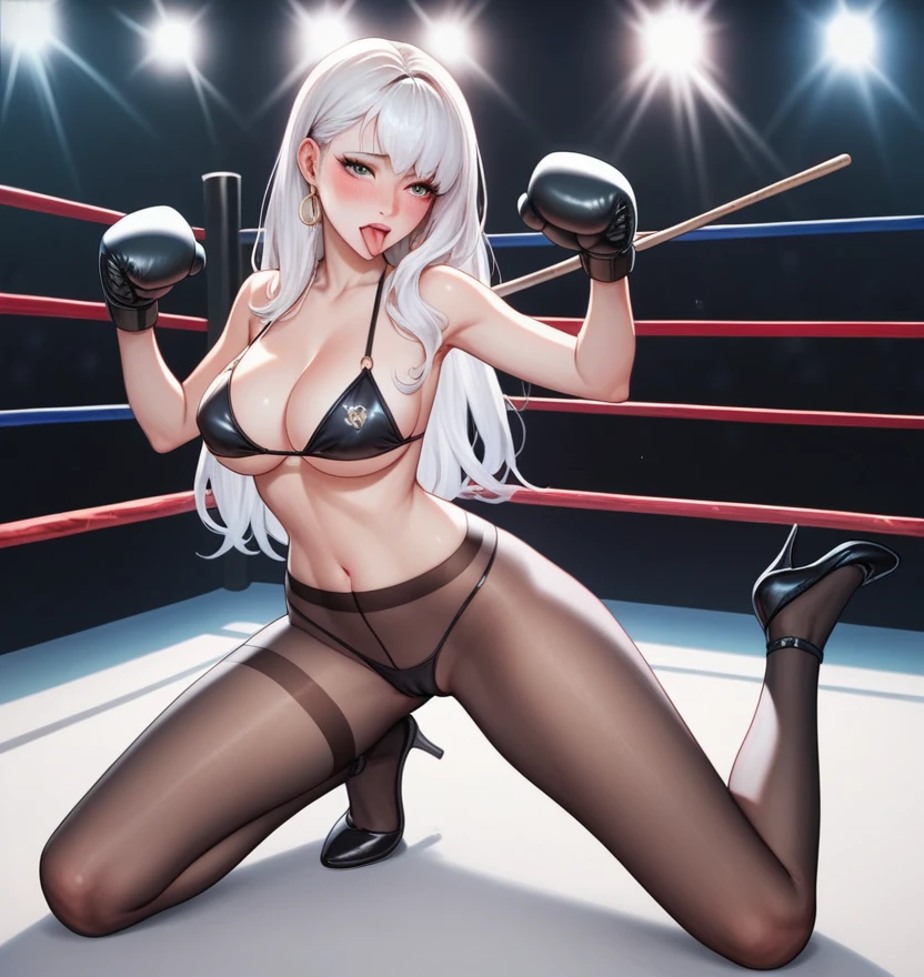 korean beautifull girl，18 years old,Pretty Face，Good shape，detailed picture, Shy expression，Stick out your tongue， blush，White long hair, Wear a black bikini，Wear black pantyhose, Wearing black boxing gloves, Kneeling alone in a sexy pose on the boxing ring，Large Breasts,Cleavage,Long legs，Thin waist，nipple，Camel toe