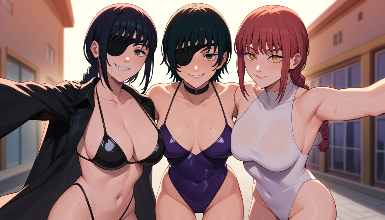 mature female, mature, Adult, himeno, himeno(Chainsaw Man), makima, makima(Chainsaw Man), 2girls, black hair, short hair, braided ponytail, eyepatch, seductive smile, evil grin, aroused, in heat, nsfw, steam, breath, sweat, drooling, Villains, Bending forward, Spread arms, Raise arms, latex purple leotards under the black capes, chest, View your audience, Night town, City, skyscraper, Night, Dark, masterpiece, Top animation quality，Top image quality,