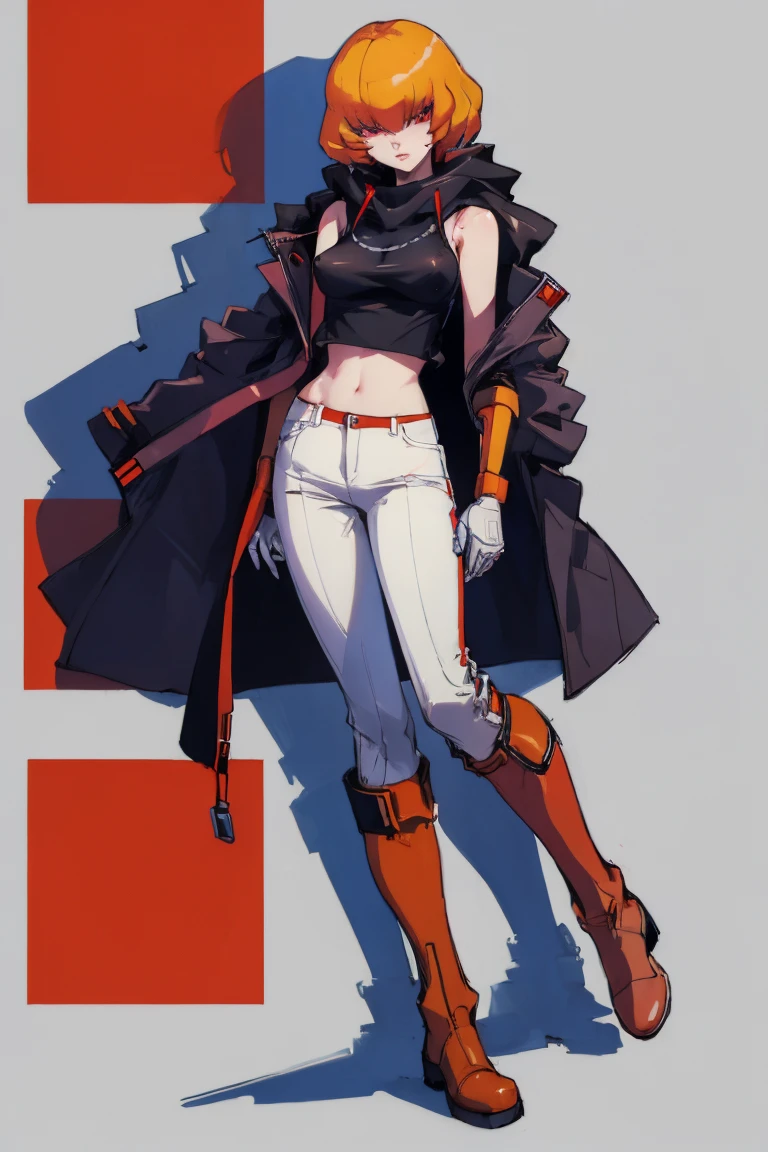 ((Highest quality)), ((masterpiece)), (be familiar with),Clementine,Erect nipples, Red eyes,Sleeveless hoodie,shirt,White pants,Alluring,boots,coat,cyber punk,sf