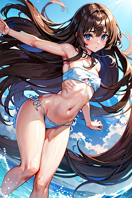 anime, French girl, long brown hair until the middle of the back, grey blue eyes, 175cm tall, big shoulder, big strong arm, flat chest size, big butt, big thighs, strong calf, full body, front view, white bandeau bikini top, light blue ruffled bikini bottom.