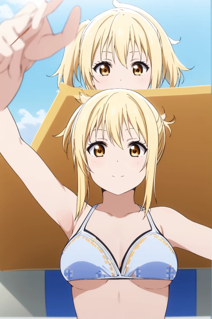 (((pixel-perfect, detail-perfect))), solo, 1girl, miyashita ai, normal face, eyes yellow, hair blonde, pool, bikini, armpit, large extreme filesize, ultra High Qality