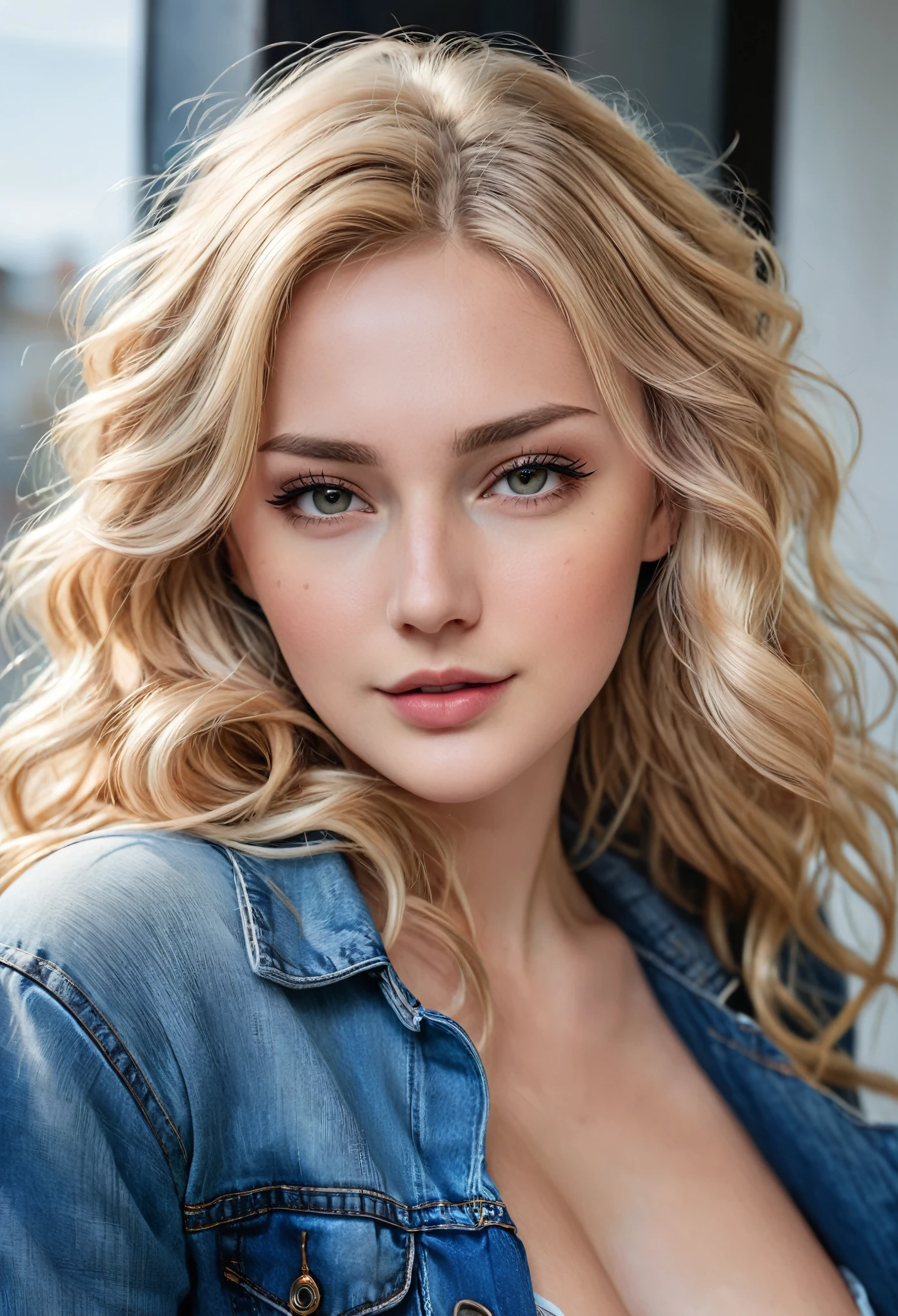 An attractive woman with long, wavy blonde hair, Youngh, semi-tied hair, curved, sexly, cropped rosa, jeans, hyper realistic absurdity, CRU photo, UltraHD 8K, high qualiy, film grain, (highly detailed skin:1.2)