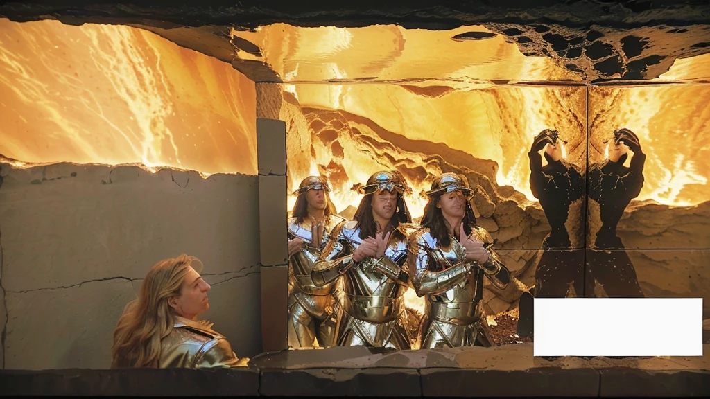 super realistic and perfection in photography. a man looking at the reflection of the shadow on the cave wall (cave myth). the phrase is "ELTON DOES NOT COOPERATE". the fire reflects on the wall the remains of the sentence that the assistants are supporting with their hands. the man who sees the shadow is amazed at what he reads in the reflection on the wall.