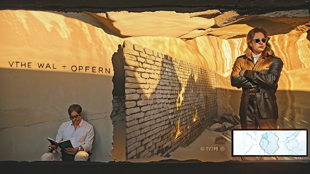 super realistic and perfection in photography. a man looking at the reflection of the shadow on the cave wall (cave myth). the phrase is "ELTON DOES NOT COOPERATE". the fire reflects on the wall the remains of the sentence that the assistants are supporting with their hands. the man who sees the shadow is amazed at what he reads in the reflection on the wall.