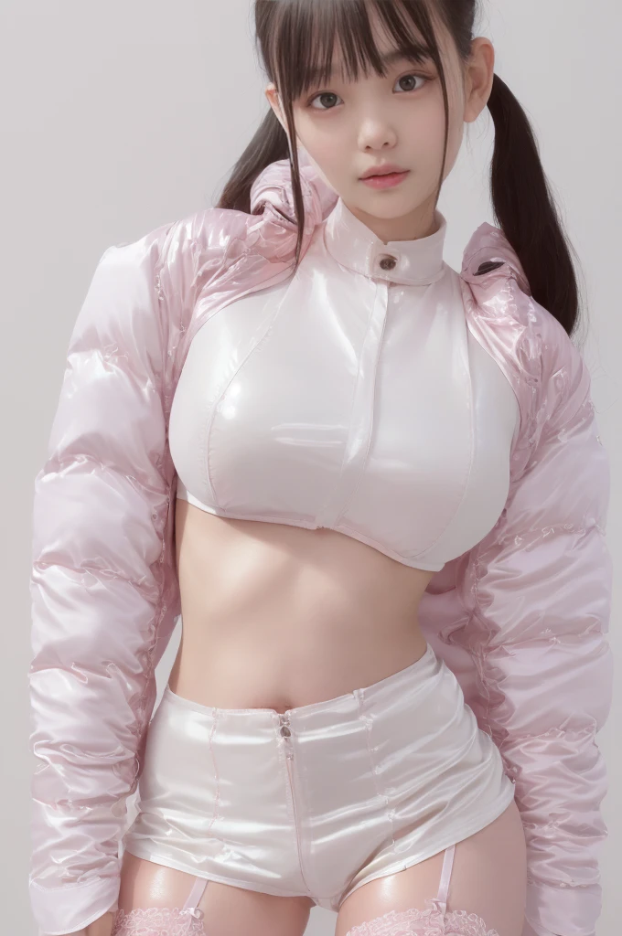 detailed face: 1.4)((ultra high detail satin idol outfit：1.5 )),(detailed face: 1.5), （best quality：1.5）, (detailed face: 1.4)best quality, masterpiece,kpop idol,((ultra high detail latex idol outfit：1.5 )),((ultra high detail latex idol outfit：1.7)),(( midriff pink latex puffer jacket:1.7))) ((High Detail shiny pink-white latex cropped down jacket :1.8)),,((highleg skimpy croch))) (((high detail white twe-tone satin shirt:1.9))) (ultra high detail garter belt garter straps:1.2),(bulge:1.6),(black straight hair;1.8 ),(ultra high detail intricate thigh lace-up boots:1.3)