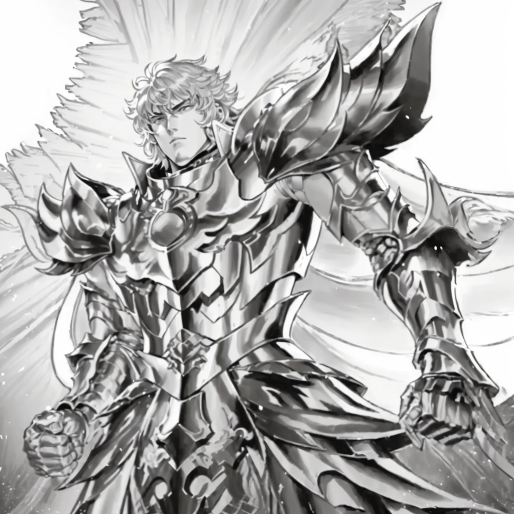 A drawing of a man in armor, kentaro miura manga art style, Saint Seiya, God Apollo, covered in full golden armor, amazing manga art style, Detailed key anime art, joseph joestar, kentaro miura manga style, german fury, Intense line art, highly detailed official artwork