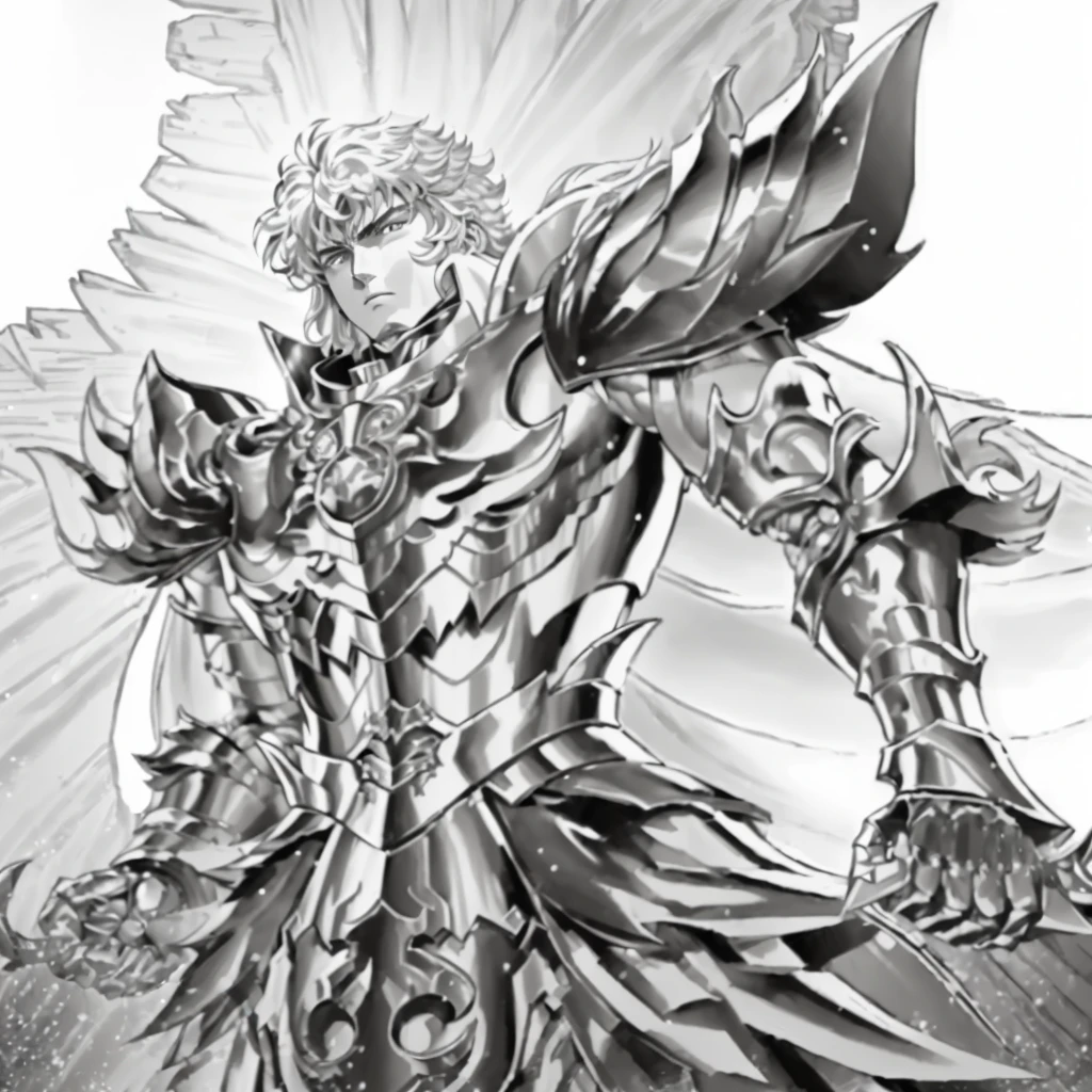 A drawing of a man in armor, kentaro miura manga art style, Saint Seiya, God Apollo, covered in full golden armor, amazing manga art style, Detailed key anime art, joseph joestar, kentaro miura manga style, german fury, Intense line art, highly detailed official artwork