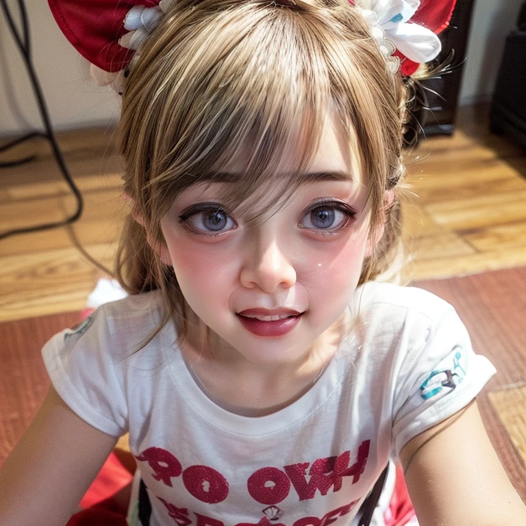 Bright Red in White, (Masterpiece 8K TopQuality:1.2) (ProfessionalPhoto:1.37) PUNIPUNI ExtremelyDetailed (((KAWAII girls in Super Bitch T-shirt:1.4))) from above