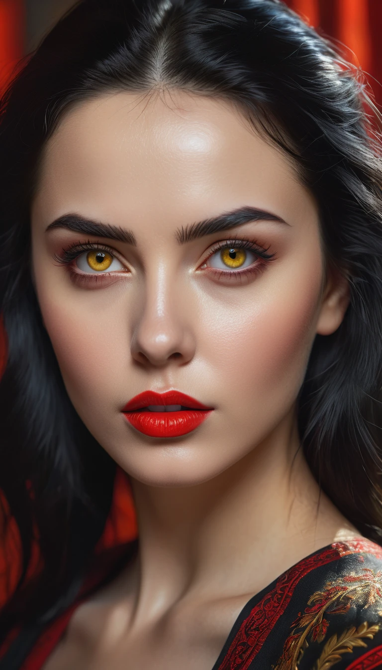 a beautiful russian woman with black hair and red details, yellow eyes, slightly thick eyebrows, seductive and penetrating gaze, (best quality,4k,8k,highres,masterpiece:1.2),ultra-detailed,(realistic,photorealistic,photo-realistic:1.37),1girl,portrait,oil painting,chiaroscuro lighting,dramatic lighting,warm color palette,cinematic