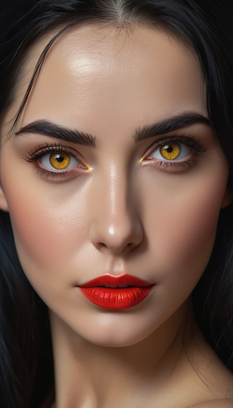 a beautiful russian woman with black hair and red details, yellow eyes, slightly thick eyebrows, seductive and penetrating gaze, (best quality,4k,8k,highres,masterpiece:1.2),ultra-detailed,(realistic,photorealistic,photo-realistic:1.37),1girl,portrait,oil painting,chiaroscuro lighting,dramatic lighting,warm color palette,cinematic