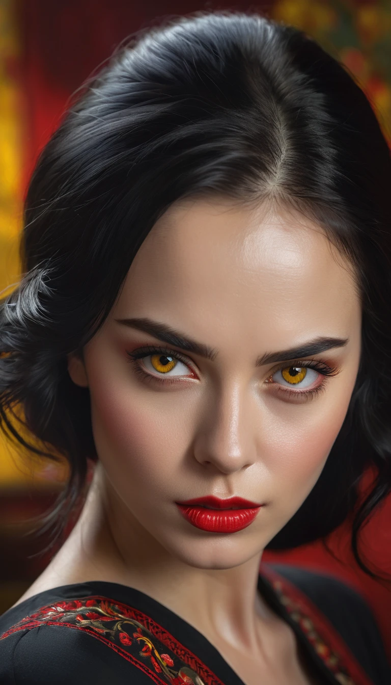 a beautiful russian woman with black hair and red details, yellow eyes, slightly thick eyebrows, seductive and penetrating gaze, (best quality,4k,8k,highres,masterpiece:1.2),ultra-detailed,(realistic,photorealistic,photo-realistic:1.37),1girl,portrait,oil painting,chiaroscuro lighting,dramatic lighting,warm color palette,cinematic