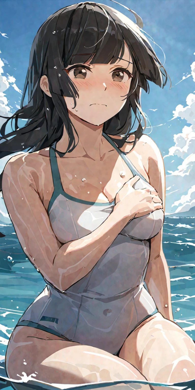 masterpiece,best quality, solo, eda, bangs, black hair, upper body,blue sky,cloud, shy expression, natural expression, medium breast, hot, thicc, swimsuit , ocean, water, she was sitting , she was posin, closed mouth, she is wearing white sando while swimming she is grabbing her chest, dynamic pose, embarrassed expression, shy expression, big thighs , big hips, legs open