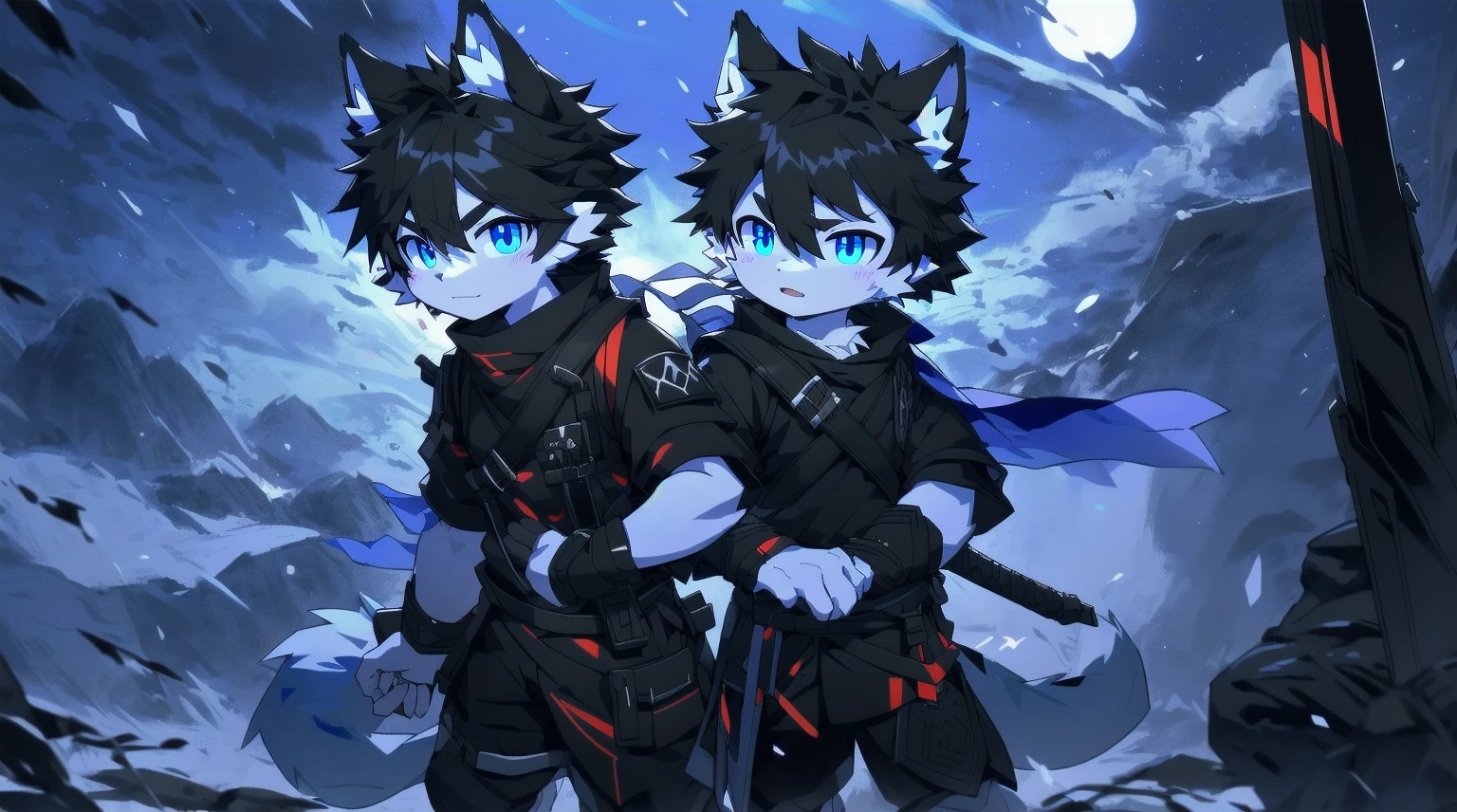 White Wolf,black hair,Sky blue eyes,hairy,Wolf ears,Wolf tail,Full body portrait,The character is in the center of the frame,Handsome,Confident eye***but,juvenile,Black and white combat uniform,Red neck bib,Black shorts,Short sleeve,hairy arms and legs,Dark background,Dark battlefield,dawn,sunrise,dawn,illumination,shadow,Swordsman,Scabbard and Hold the hilt of a in your hand,The scabbard is at the waist,Highest quality,A tall stature