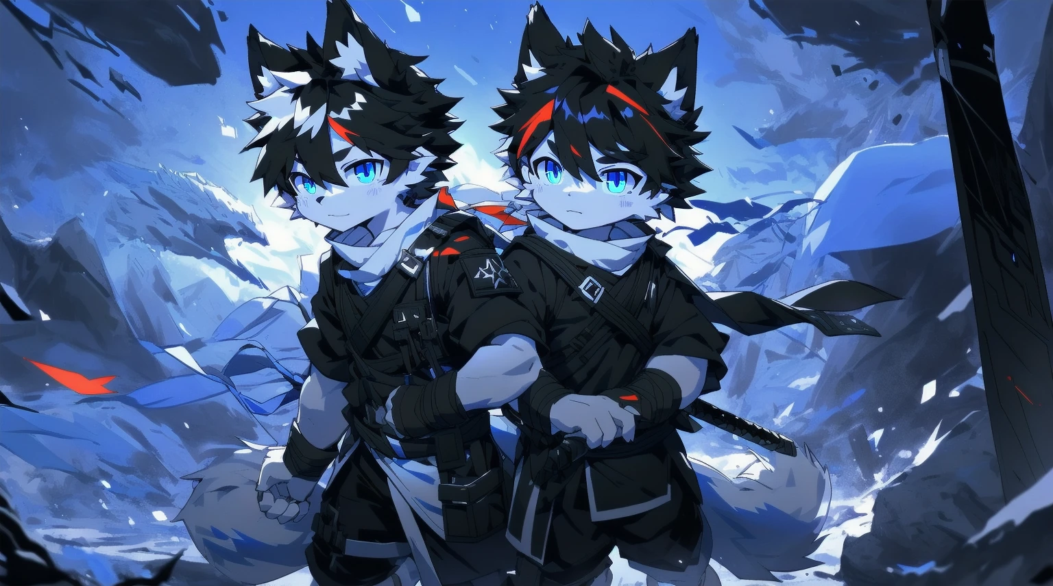 White Wolf，black hair，Sky blue eyes，hairy，Wolf ears，Wolf tail，Full body portrait，The character is in the center of the frame，Handsome，Confident eye***but，juvenile，Black and white combat uniform，Red neck bib，Black shorts，Short sleeve，hairy arms and legs，Dark background，Dark battlefield，dawn，sunrise，dawn，illumination，shadow，Swordsman，Scabbard and Hold the hilt of a in your hand，The scabbard is at the waist，Highest quality,A tall stature