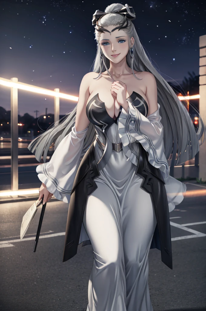 Eir a gray haired blue eyed woman smiling nude walking in the night