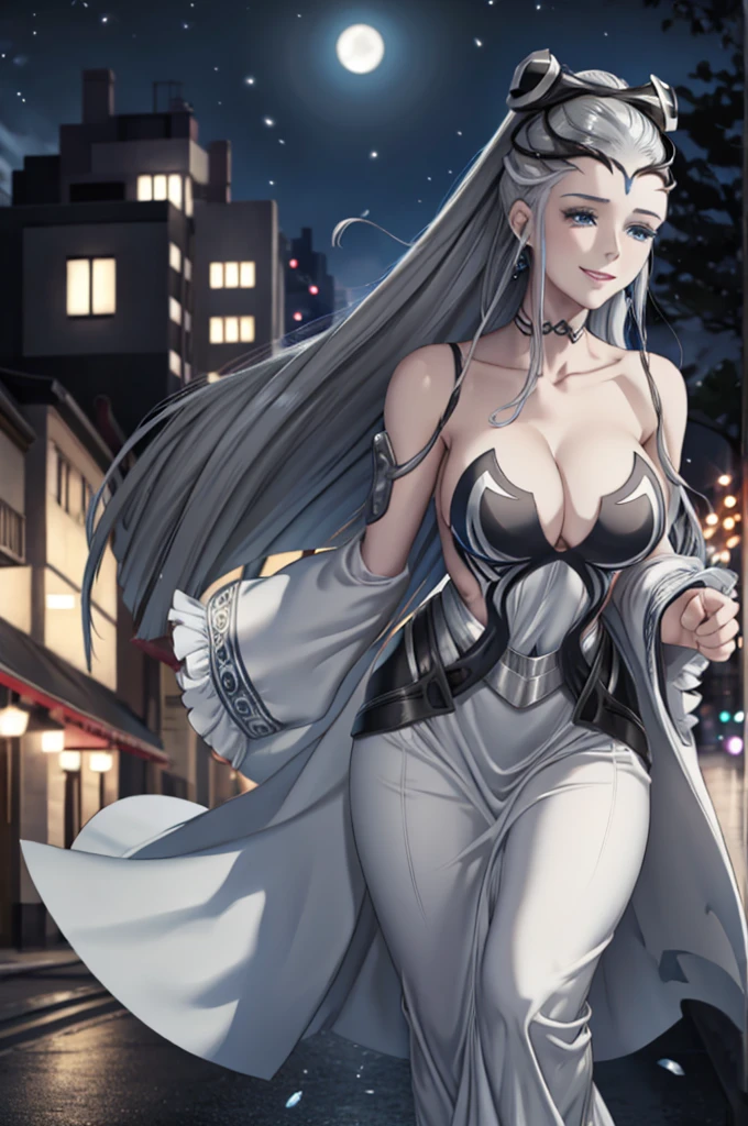 Eir a gray haired blue eyed woman smiling  walking in the night 