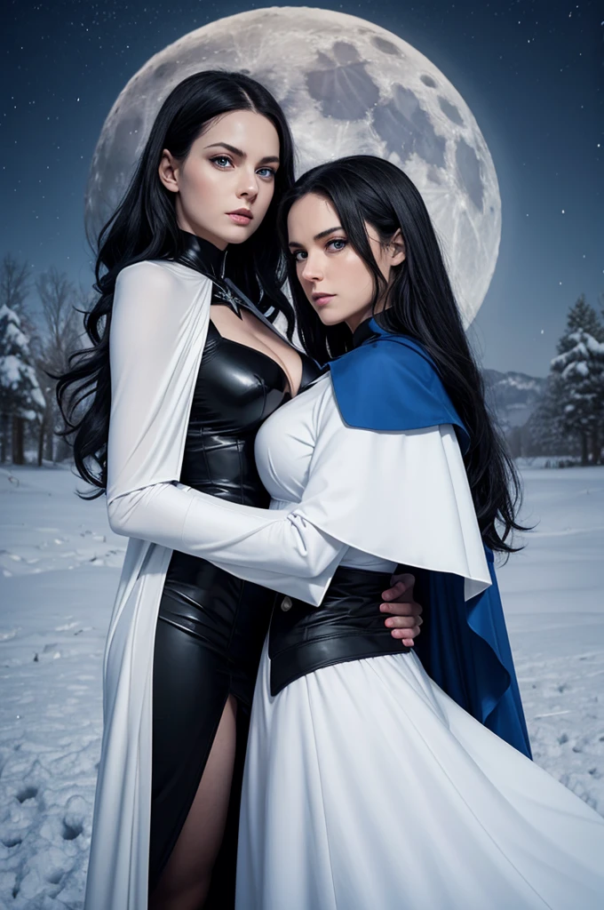 mother and daughter break: mother, super villain, mature woman , black hair , blue eyes, detailed face , sexy, curvys, tall, white woman, dress with cape, desing with christian cross break: daughter, girl, very small breats, teenager, 1.3, super villain, lolita, black hair , blue eyes, detailed face ,dresing with christian cross , background in snow , moon behind
