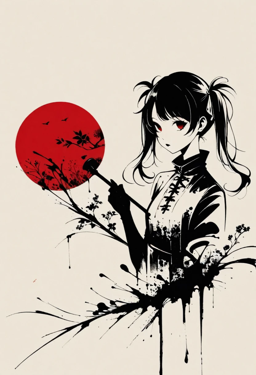 A girl with twin pigtails, gothic style, minimalism, linear style, vast negative space, ink painting, abstract