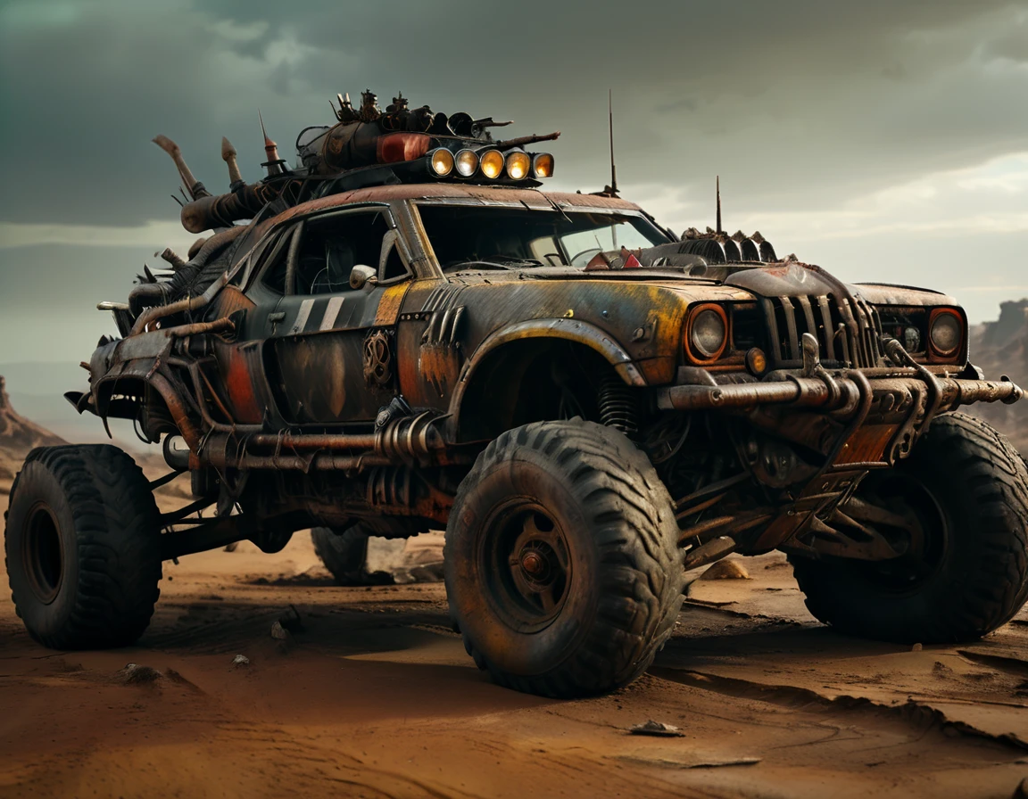 a powerful off-roader, post-apocalyptic, mad max style, weathered and dystopian, desert landscape, dramatic lighting, vibrant colors, gritty and rugged, heavily modified vehicle, massive wheels, spikes and armor plating, menacing presence, cinematic composition, ultra-detailed, 8k, photorealistic, dramatic angles, chiaroscuro lighting, volumetric fog, dust and grime effects, worn and battle-damaged, ominous atmosphere, cinematic depth of field, dramatic color grading, intense shadows and highlights