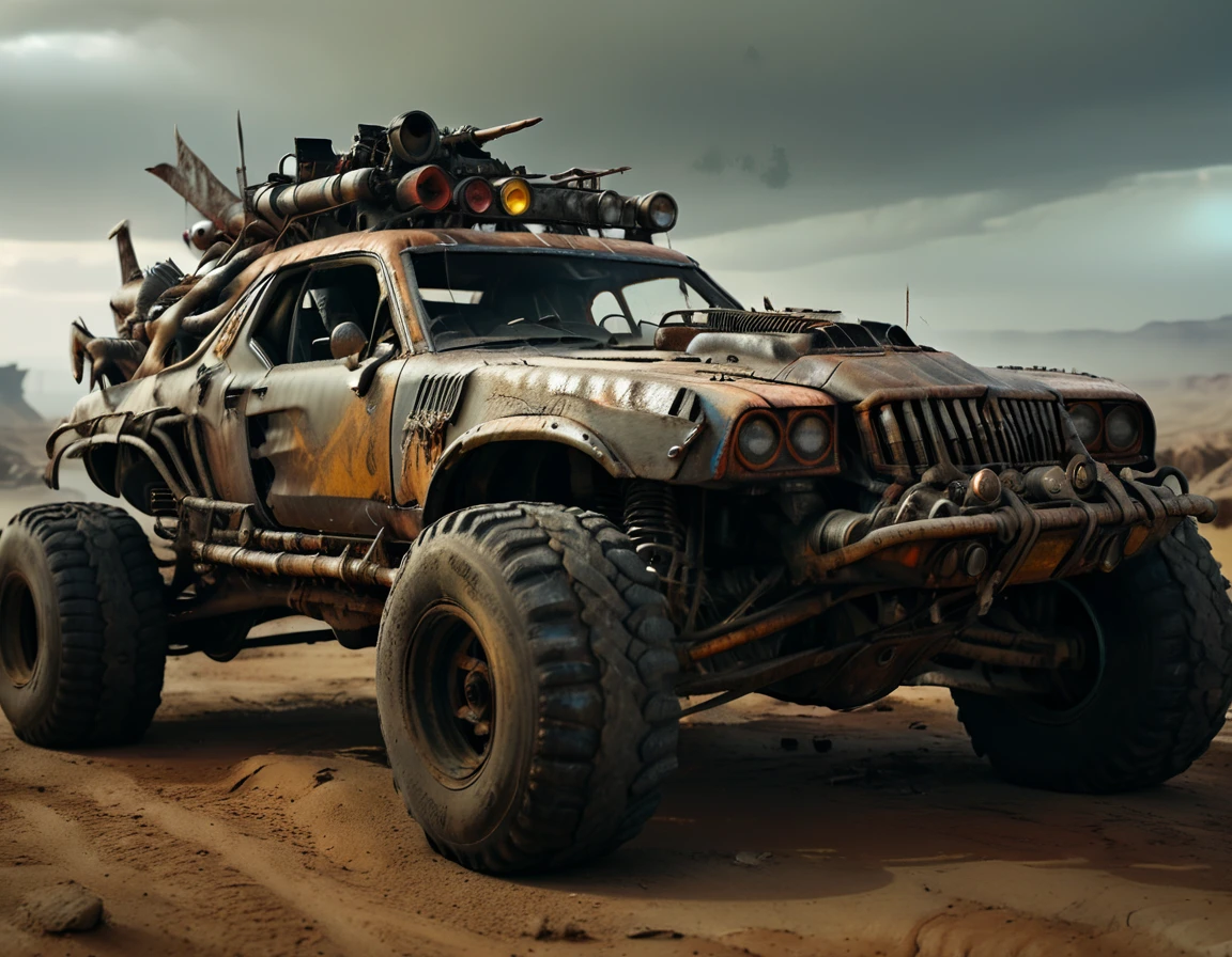 a powerful off-roader, post-apocalyptic, mad max style, weathered and dystopian, desert landscape, dramatic lighting, vibrant colors, gritty and rugged, heavily modified vehicle, massive wheels, spikes and armor plating, menacing presence, cinematic composition, ultra-detailed, 8k, photorealistic, dramatic angles, chiaroscuro lighting, volumetric fog, dust and grime effects, worn and battle-damaged, ominous atmosphere, cinematic depth of field, dramatic color grading, intense shadows and highlights