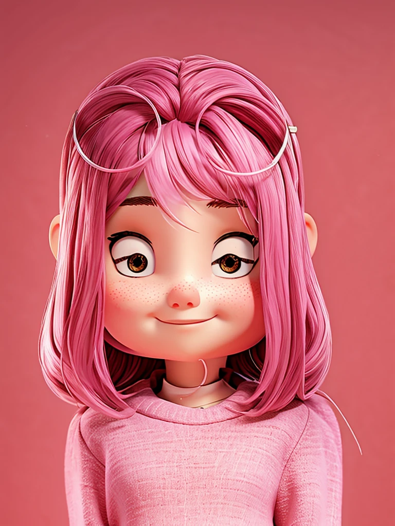 cute girl, 12 year old, pink hair, wearing a brown sweatshirt, face perfect, friendly, Linda, body in half.
