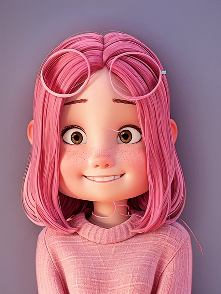 cute girl, , pink hair, wearing a brown sweatshirt, face perfect, friendly, Linda, body in half.
