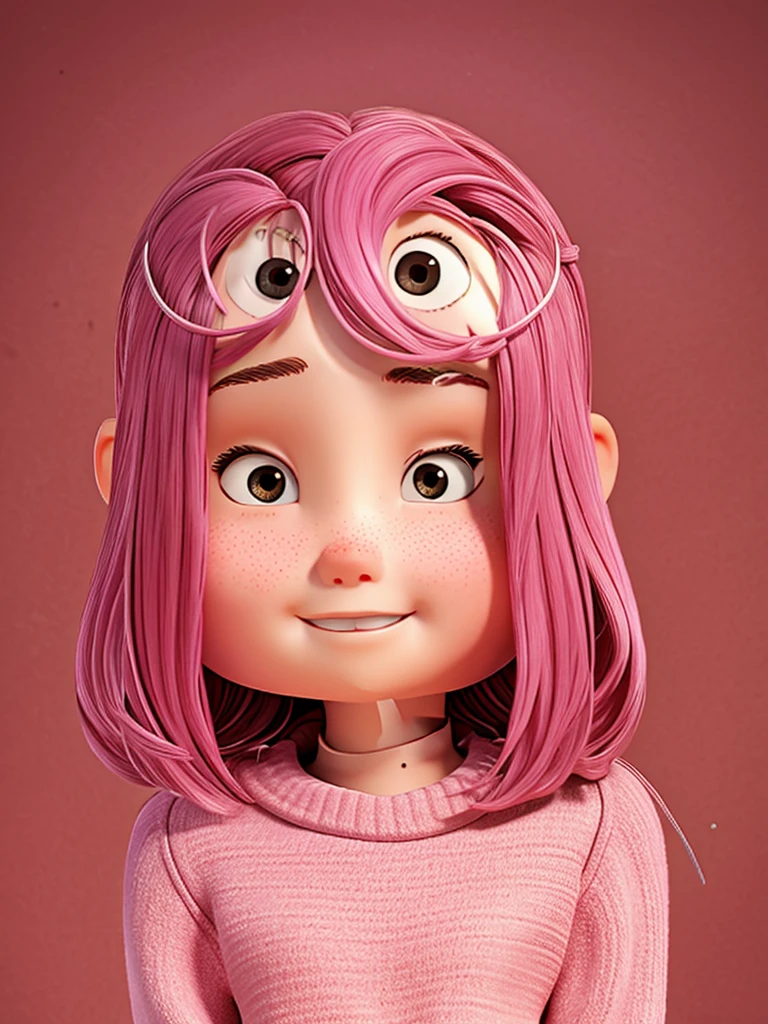 cute girl, 12 year old, pink hair, wearing a brown sweatshirt, face perfect, friendly, Linda, body in half.