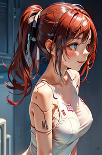 A Female mature robot loves herself. she wears white one-piece. Her Brown very short pigtails is tied with two big red clothespins, masterpiece, mature, android, blue eyes, full body, Height: 160cm, flushed cheeks, sweat bucket. full body shot, floating hair, looking straight. Her smile is complete. pov, kiss, peck lips, round lip sthick lips incoming