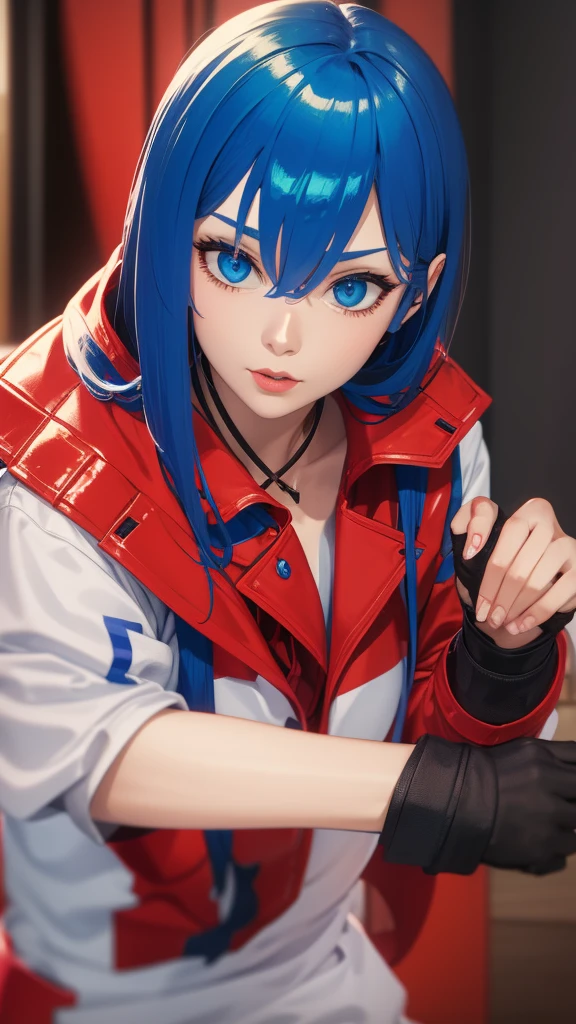 Optimus Prime human woman with red jacket and white shirt with blue hair and blue eyes