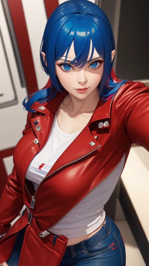 Optimus Prime human woman with red jacket and white shirt with blue hair and blue eyes