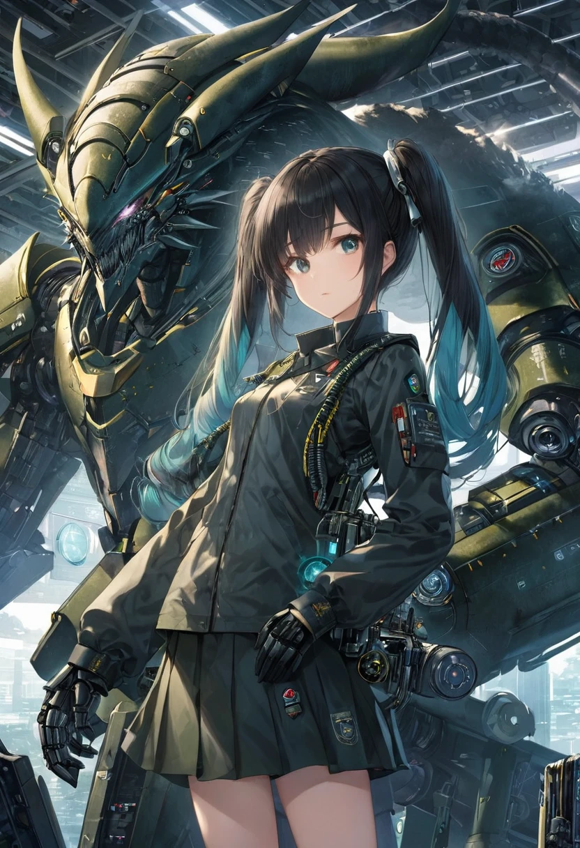 (best quality), Oriental detailed background, Science fiction,girl, long_twintails, Robotic Arm, war, monster, Technical clothing,, military uniform