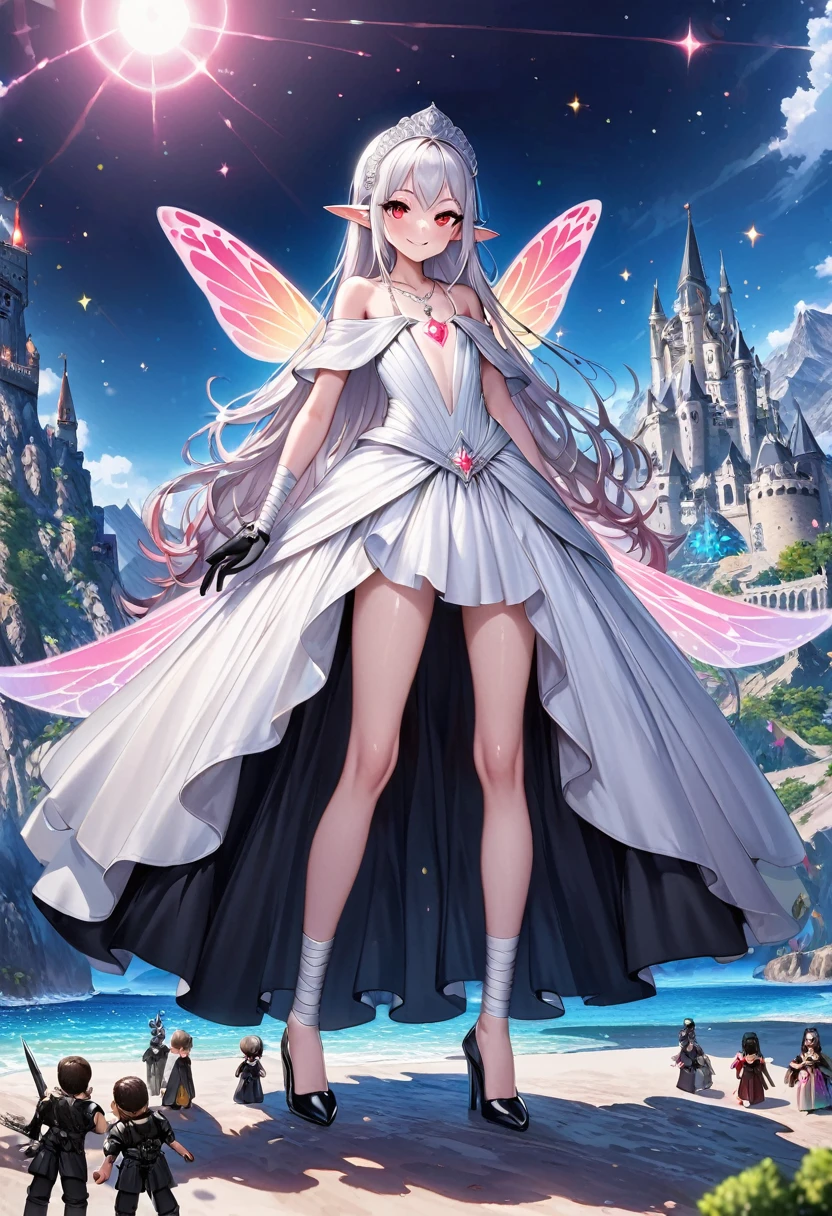 Doll-sized scenery, Miniature castle, Microscopic mountain, Microscopic trees, Microarchitecture, ocean, 1 Girl, ?????????, Proudly standing, whole body, (energy consumption:1), High-resolution face, White hair, Gradient hair, Pointed ears, Luminous pendant, Off-shoulder dress, Complete Bridal Gown, Fairy Wings, Arm Wrap, Black gloves, Leg Wrap, Black footwear, flat ?????, (meaning is:1), Smile, Very thin, Thin legs, confident, arrogant, ????, Headdress, Glittering red eyes, cosmetic, blush, Eyeshadow, ring, pearl, necklace, Perfect shiny silver hair, Black high heels, Flying hearts, Looking at the audience, From below, Solitary,