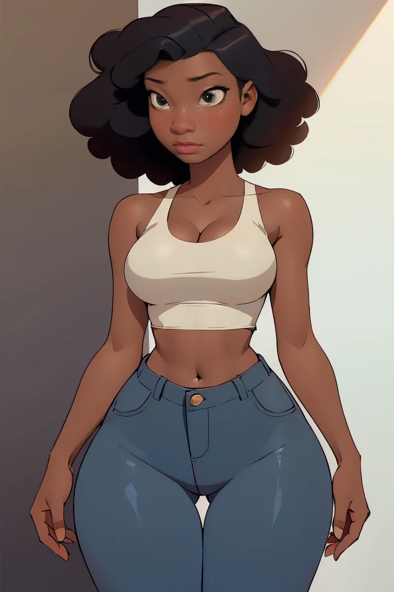 afro american girl, dark skin, behind view, afro haircut, 1 girl, solo, (black leggins) (crop tank top, cleavage), sleveless, medium bust size , wide hips
