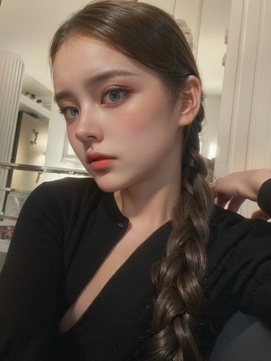 1girl, (looking at viewer:1.2), detail face, (a girl standing, rending on cgsociety, black shadows, streaming, new york backdrop), romanticism, atmospheric, (RAW photo, best quality), (realistic, photo-realistic:1.3), masterpiece, an extremely delicate and beautiful, extremely detailed, blue eyes, russian eyes