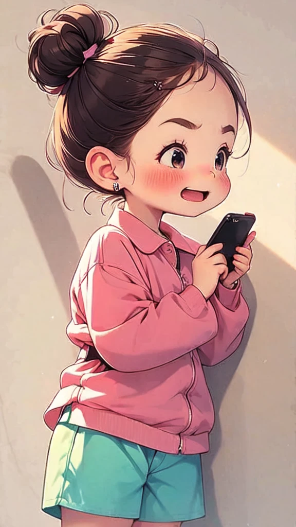 a child with a pink bow holding a smartphone while talking to someone, 1girl, yellow bow, jewelry, solo, earrings, phone,  eyes,  hair, bow, smile, open mouth, bag, cellphone, pink shirt, shorts, hair bow, holding phone,sad