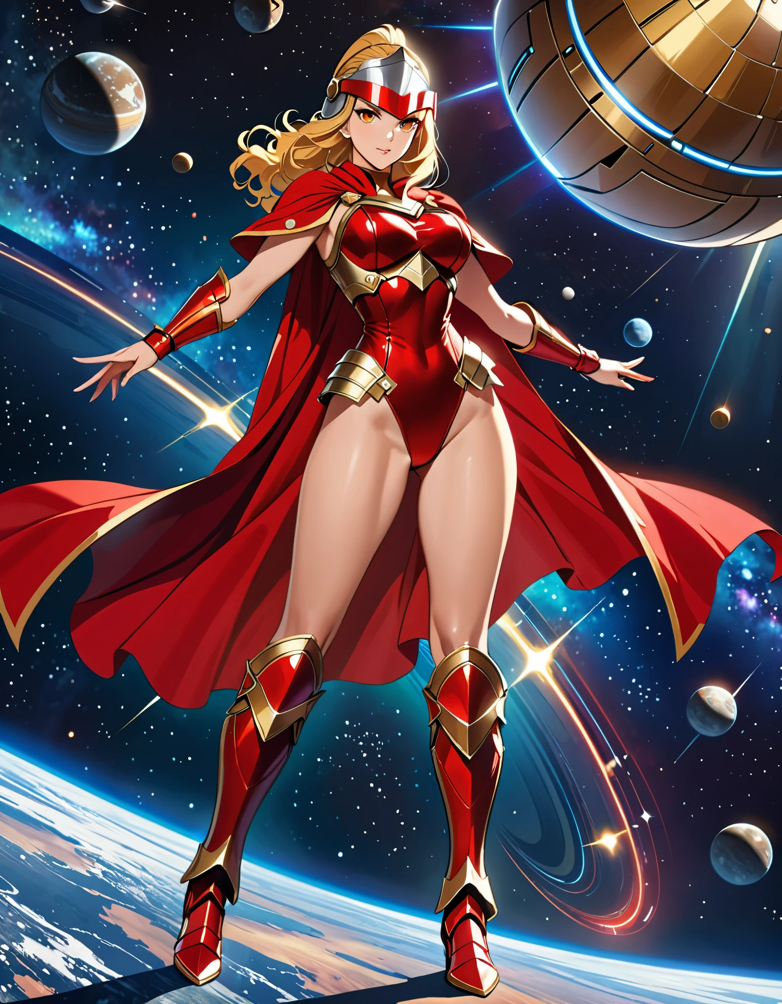 ((masterpiece)), ((best quality)), ((high res)), (dynamic villain pose), (solo, solo focus), standing, italian, (blonde hair, brown eyes), ((beautiful detailed eyes)), (a woman in a yellow and red costume and red cape), (leotard, bare legs), (roman helmet with futuristic visor, matching armored boots), (perfect hands, perfect anatomy), space backdrop, full body costume design.