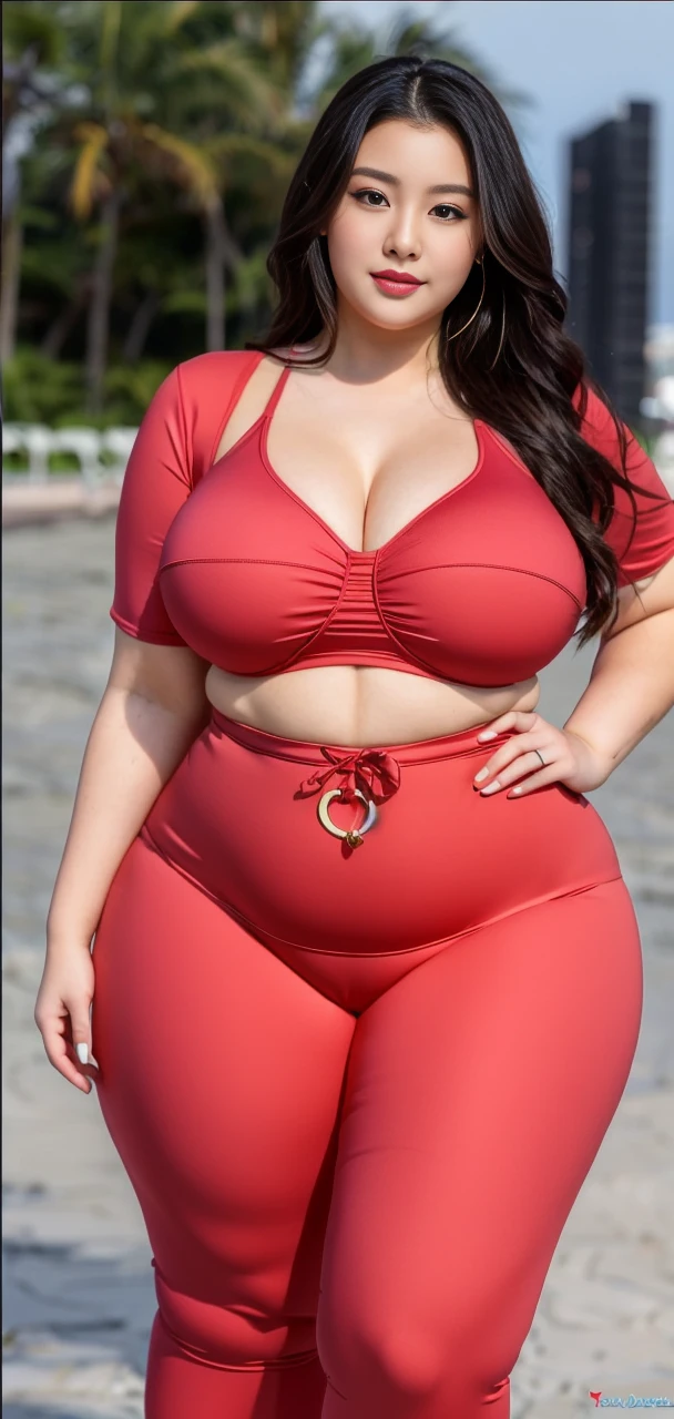 ((best quality)), ((masterpiece)), (detailed), perfect face, araffeTight skirtsShort , thicc, wavy short hair, she has a jiggly fat round belly, bbwchan, wearing tight simple clothes, skinny waist and thick hips, widest hips, her belly is fat and round, soft curvy shape, hyperrealistic full figure, wearing a cute top, wide hips, Blue swimsuit,On the beach by the seaBlue