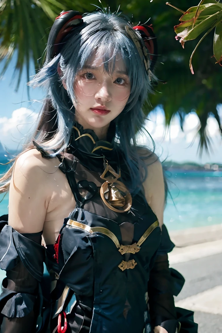 Girl wearing black round glasses wearing sexy anime style swimsuit , ocean blue , Cosplay rem in the anime resurrection jutsu 