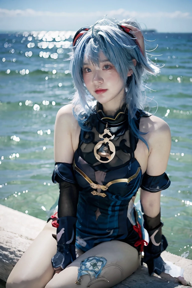 Girl wearing black round glasses wearing sexy anime style swimsuit , ocean blue , Cosplay rem in the anime resurrection jutsu 