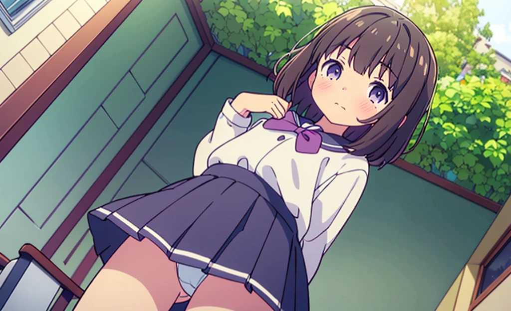 (High quality), (masterpiece), (very detailed), girl, (very small bust), short brown hair, purple eyes, shy face, (li), showing her thighs, on the school yard, sunny, camera angle from below, adorable eyes, (primar school uniform) NSFW 