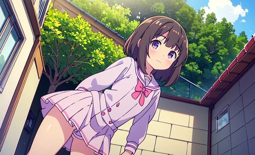 (High quality), (masterpiece), (very detailed), girl, (very small bust), short brown hair, purple eyes, shy face, (primary school ), showing her thighs, on the school yard, sunny, camera angle from below, adorable eyes, (primar school uniform) NSFW 