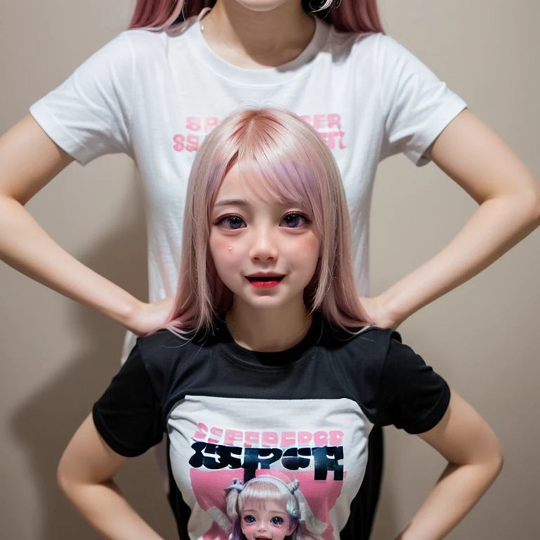 Bright Red in White, (Masterpiece 8K TopQuality:1.2) (ProfessionalPhoto:1.37) PUNIPUNI ExtremelyDetailed (((KAWAII girls in "Super Bitch" T-shirt:1.4))) from above