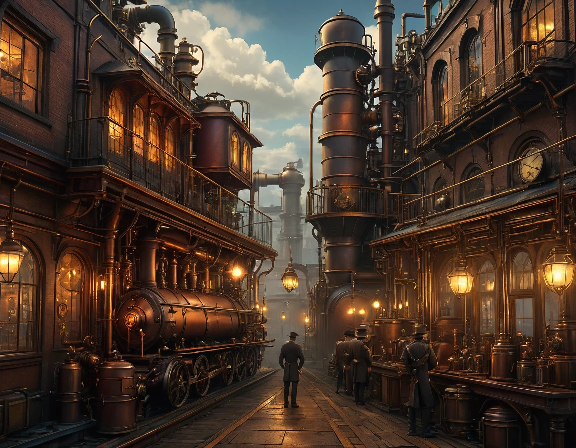 steampunk art pictures, Wide Shot,  intense details, highly detailed, Realistic, Highest quality, High resolution, reflected light, Attention to detail, Highest quality, 16K, [ultra detailed], masterpiece, Highest quality, (extremely detailed), ultra Wide Shot, Realistic, born, Realistic芸術,((Highest quality)), ((masterpiece)), (detailed), Steam is rising、、There is no one、No people、gaslight、factory、pipe